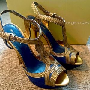 Sergio Rossi Elegant Gold and Blue Heels